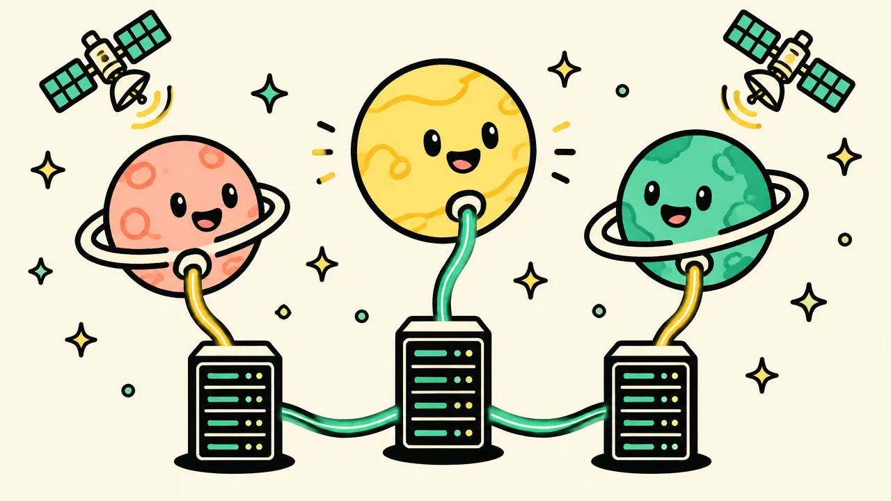Cartoon planets connected by phone cables